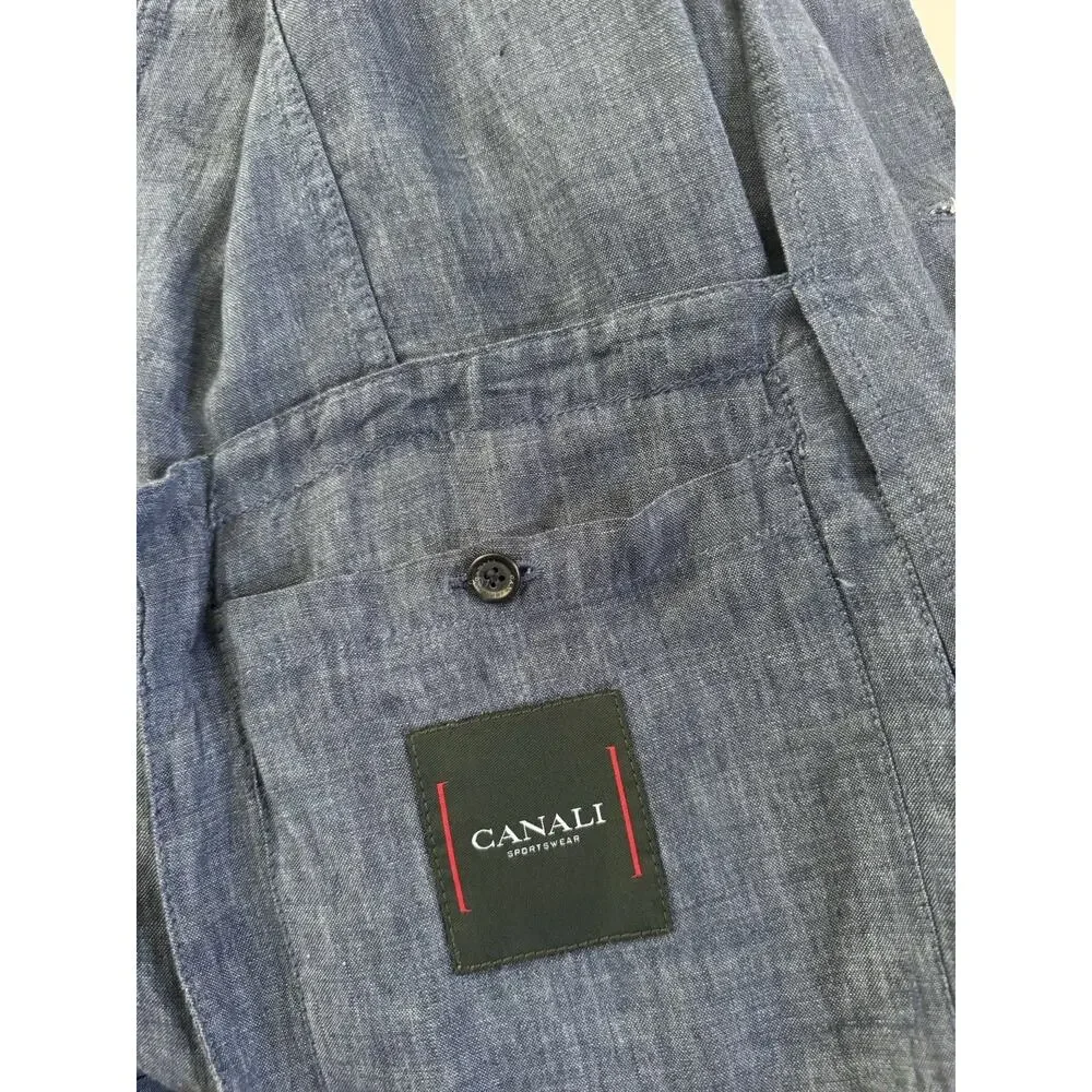 Canali Blazer Mens 40 L (50 EU) Blue Linen Sportswear Unlined Sport Coat Jacket